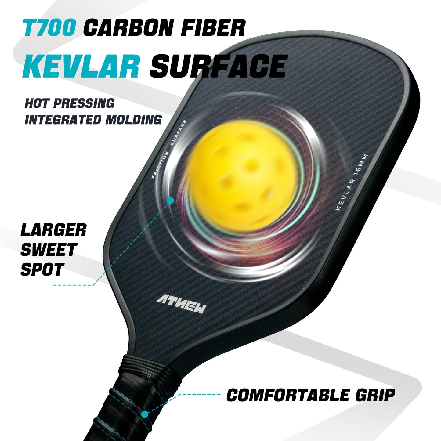 ATNEW BV51X-02 T700 Carbon Fiber Kevlar Pickleball Paddle, 16MM Lightweight Aramid Fiber Kevlar Racket, with Excellent Power and Control Thermoformed Racket