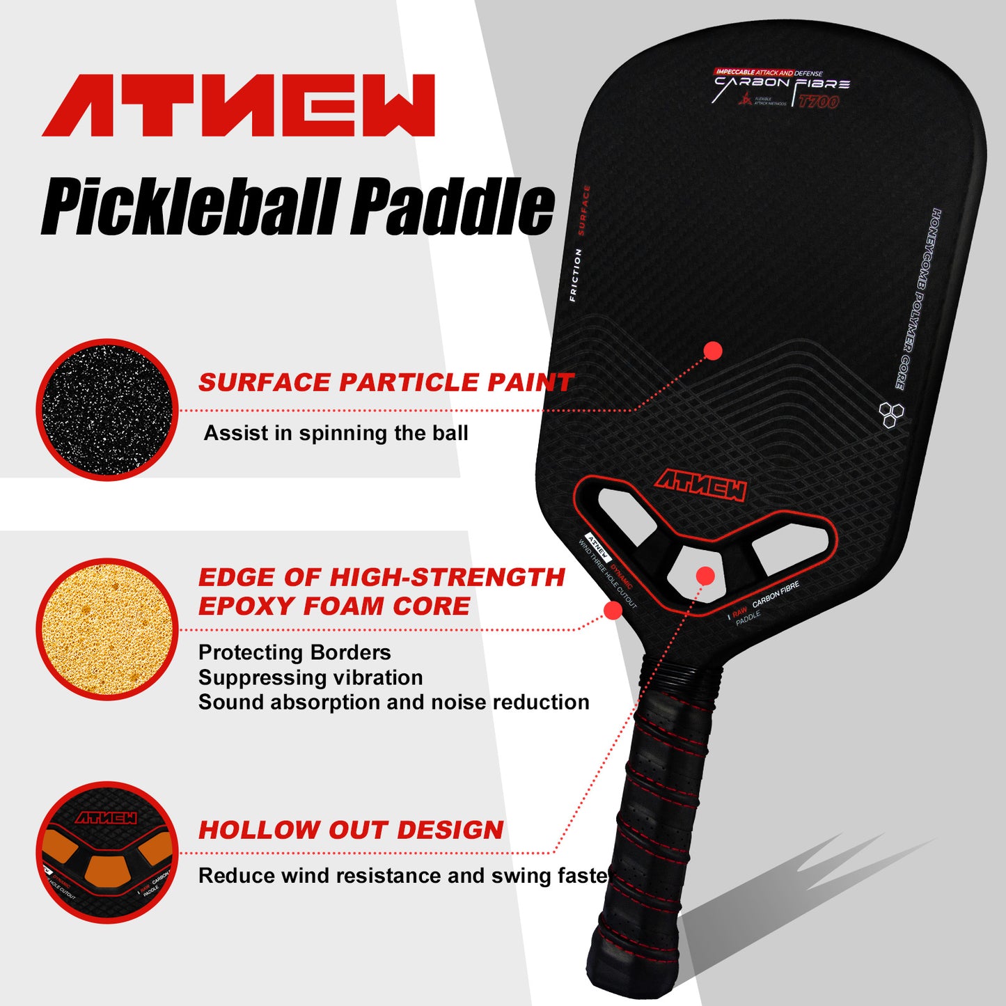 ATNEW BV34-03 Edgeless Pickleball Paddle Carbon Fiber 3K Surface,16MM Thermoformed T700 Carbon Fiber Pickleball Paddle With Three Holes